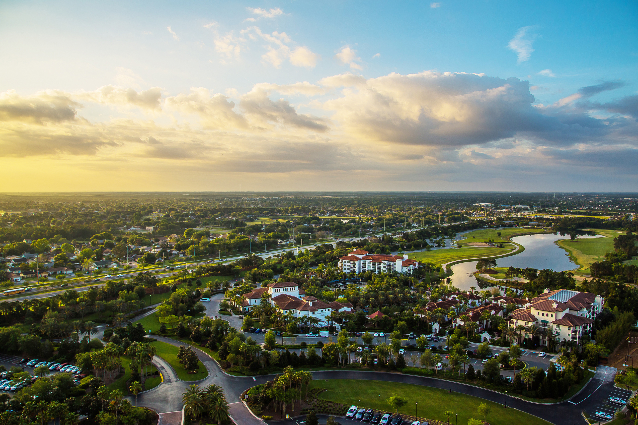 Gorgeous sunset aerial panoramic view of Palm Beach Gardens Florida